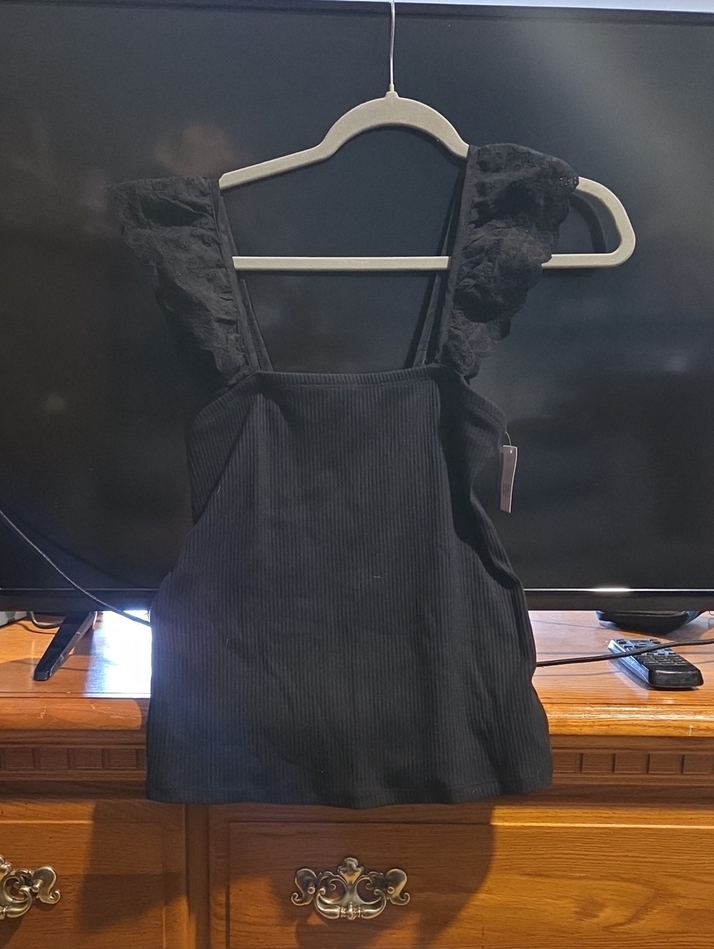 GAP Black Ribbed Tank with Lace Ruffle Strap